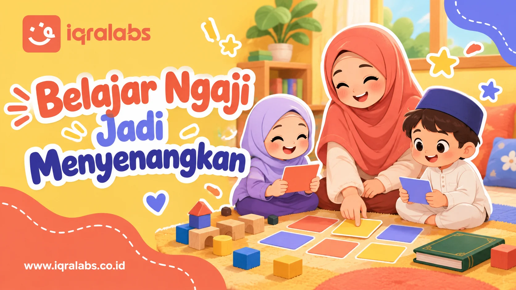 Ilustrasi guru dan anak belajar bersama melalui permainan kartu warna dan balok.