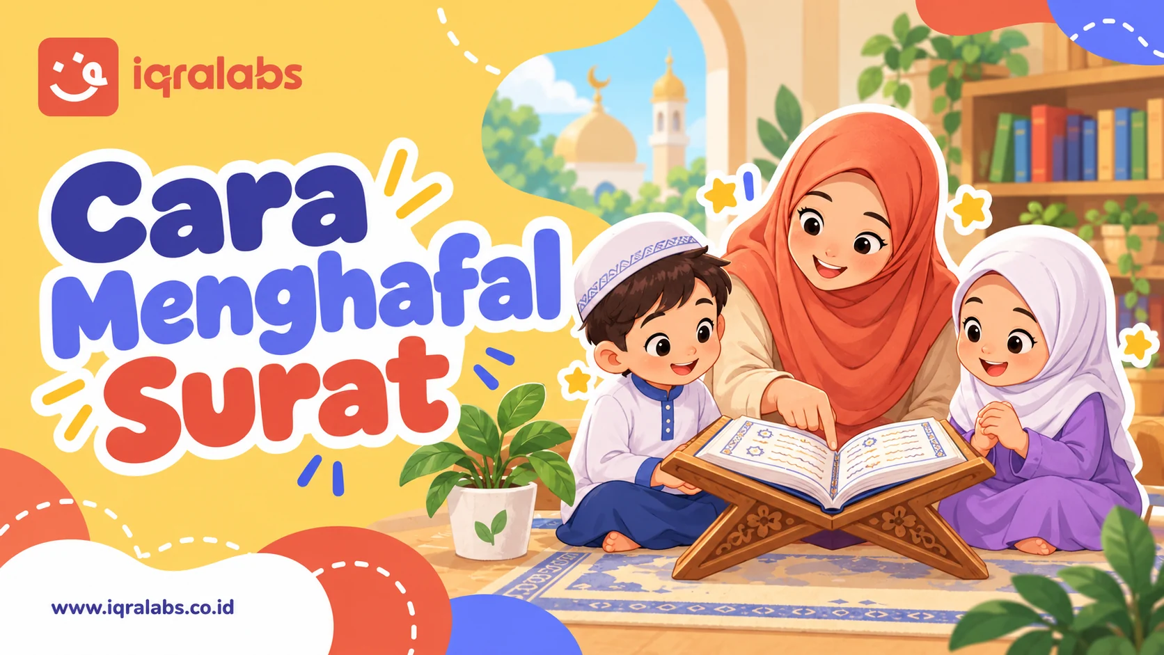 Ilustrasi Iqralabs: ibu membimbing dua anak menghafal surat Al-Quran.